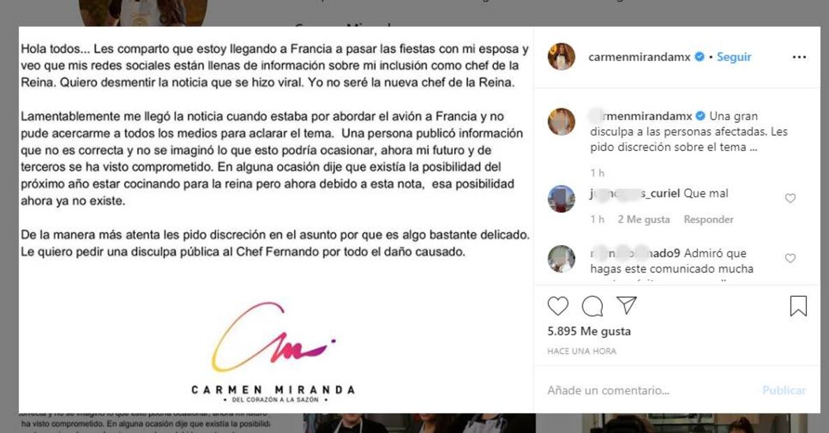 La chef Carmen Miranda, de Masterchef, reveló que el proyecto de cocinar para la reina Isabel no será posible