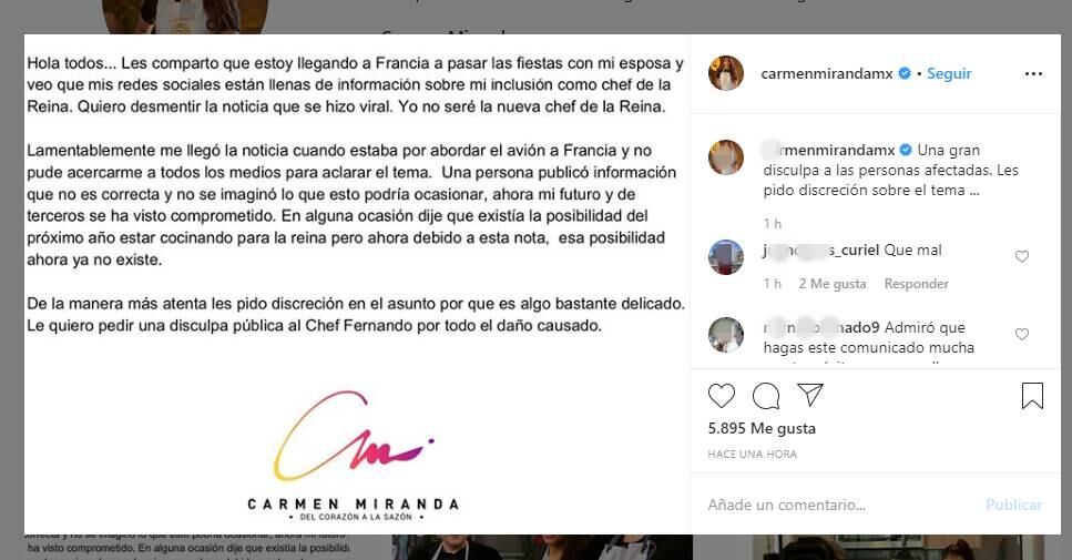 La chef Carmen Miranda, de Masterchef, reveló que el proyecto de cocinar para la reina Isabel no será posible