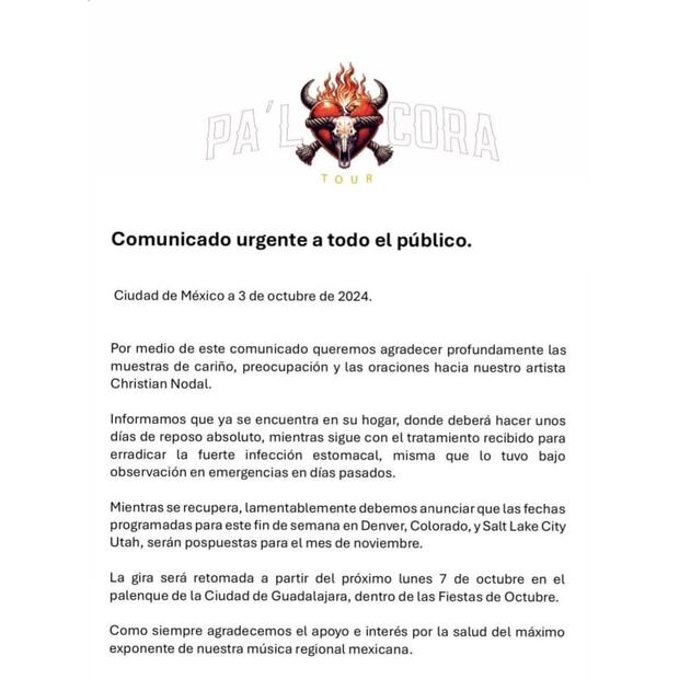 El comunicado del equipo de Christian Nodal / Foto: Captura de pantalla