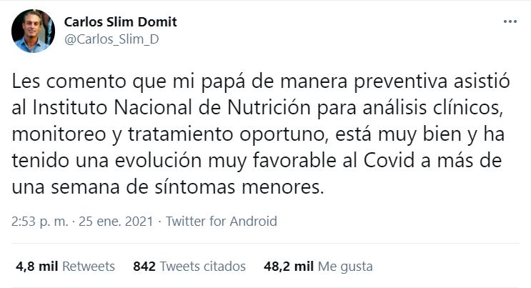 Reportan a Carlos Slim como "delicado pero estable" por Covid-19