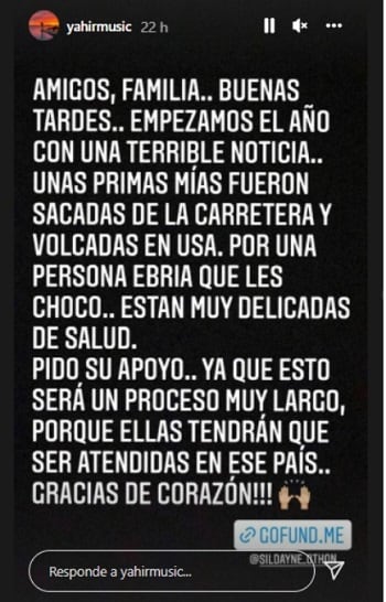 Yahir pide apoyo para sus primas que sufrieron un accidente en EE.UU.