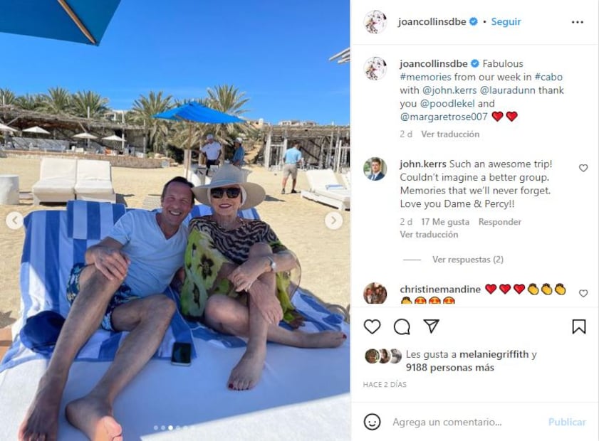 La legendaria Joan Collins, de 89 años, feliz en la playa con su esposo de 58