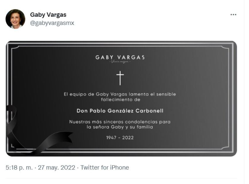 Muere Pablo González Carbonell, esposo de la escritora Gaby Vargas