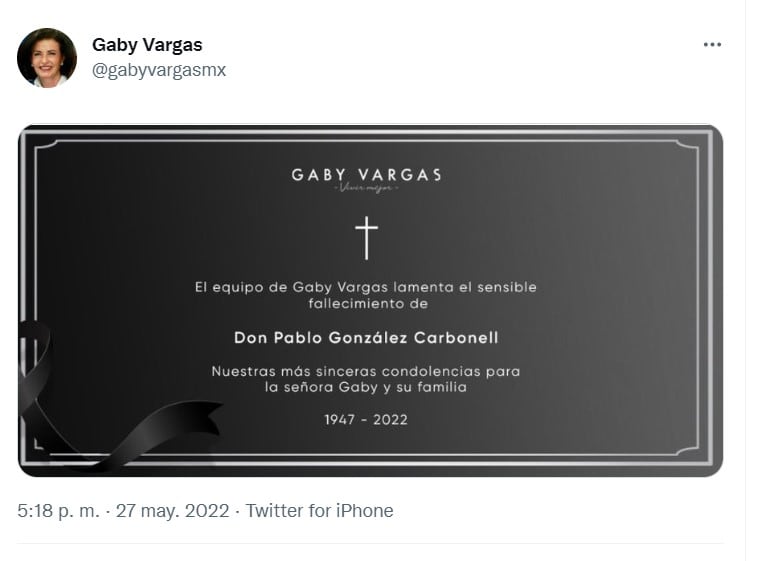 Muere Pablo González Carbonell, esposo de la escritora Gaby Vargas
