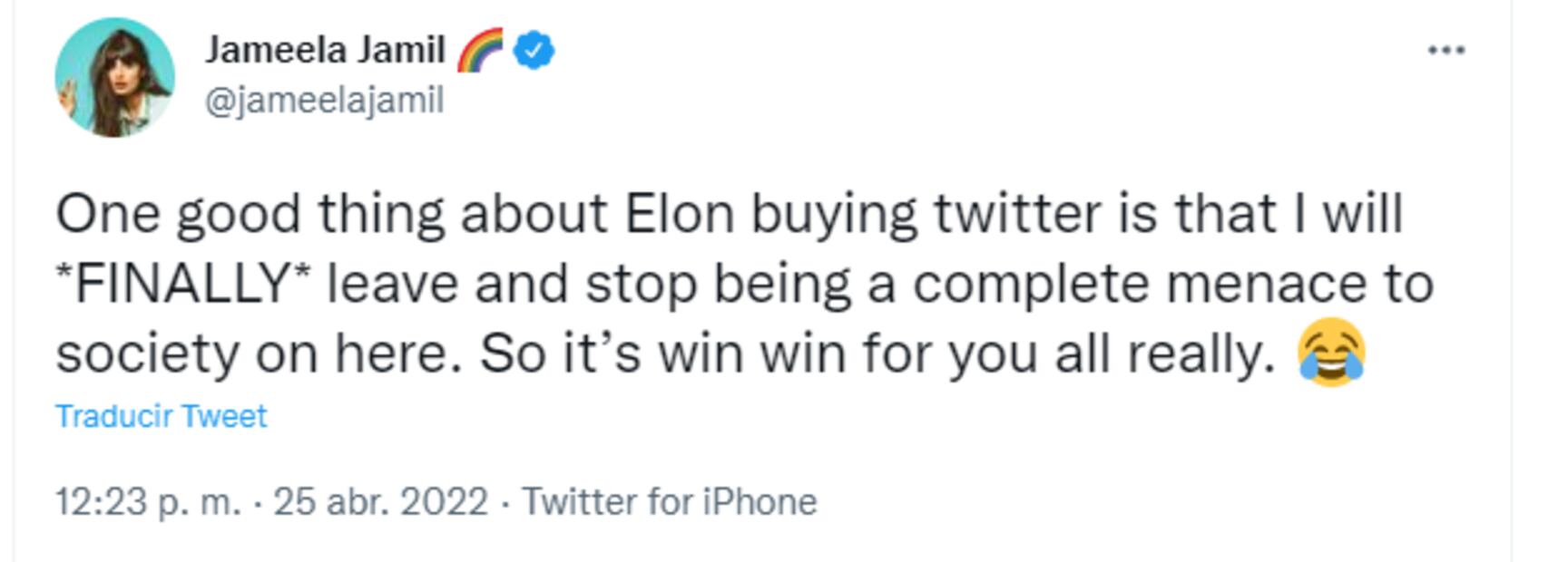 Jameela Jamil, la primera celebridad en abandonar Twitter tras compra de Elon Musk