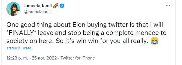 Jameela Jamil, la primera celebridad en abandonar Twitter tras compra de Elon Musk