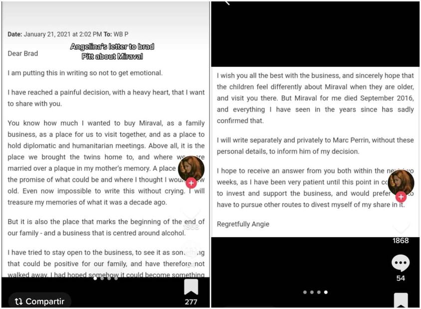 Angelina Jolie escribió una carta a Brad Pitt y se filtra en TikTok