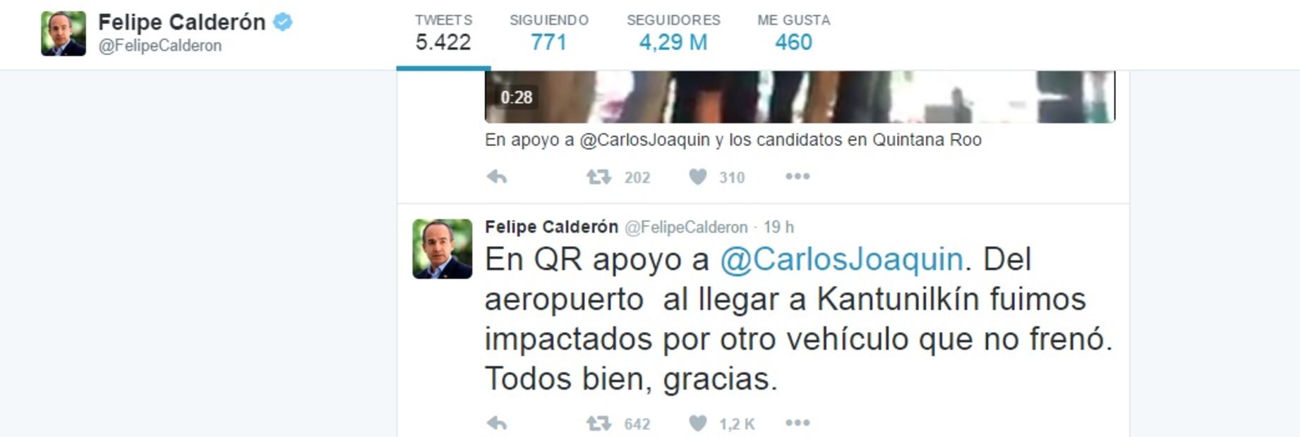 Felipe Calderón informa sobre su aparatoso choque automovilístico