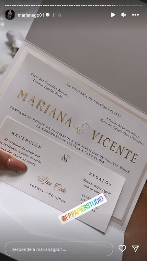Las invitaciones de Vicente Fernández Jr. y Mariana González / Instagram: @marianagp01