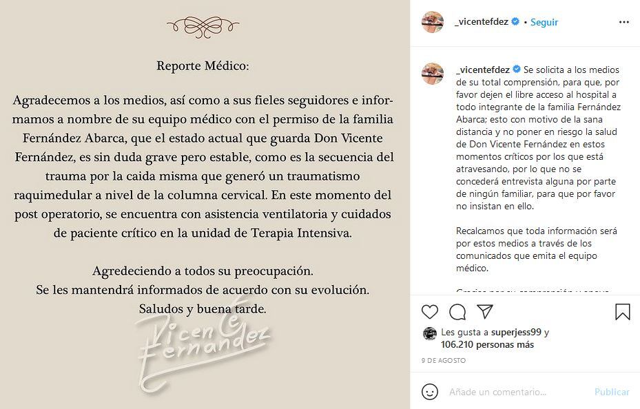 Vicente Fernández ya está consciente e interactúa con su familia