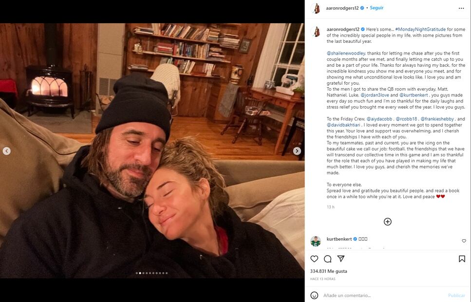Aaron Rodgers dedica conmovedor mensaje a Shailene Woodley tras su ruptura