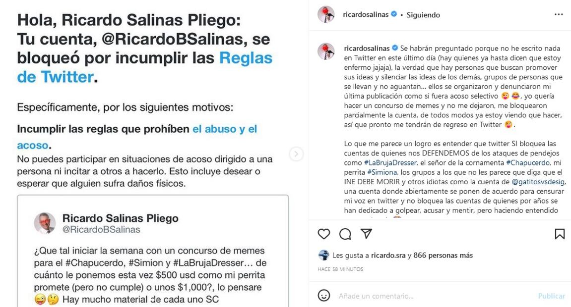 Ricardo Salinas Pliego: Twitter bloquea su cuenta y explica por qué