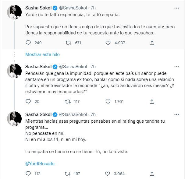 Sasha Sokol contradice a Yordi Rosado: "Te faltó empatía"