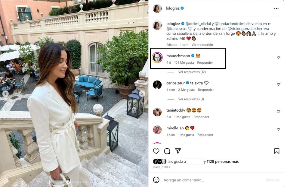 El comentario de Mauricio Ochmann en las redes sociales de Lorena González / Foto: Captura de pantalla