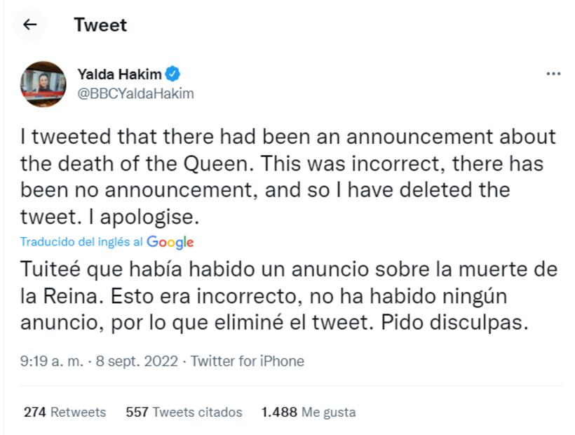 Presentadora de BBC se disculpa por anunciar erróneamente la muerte de la reina Isabel