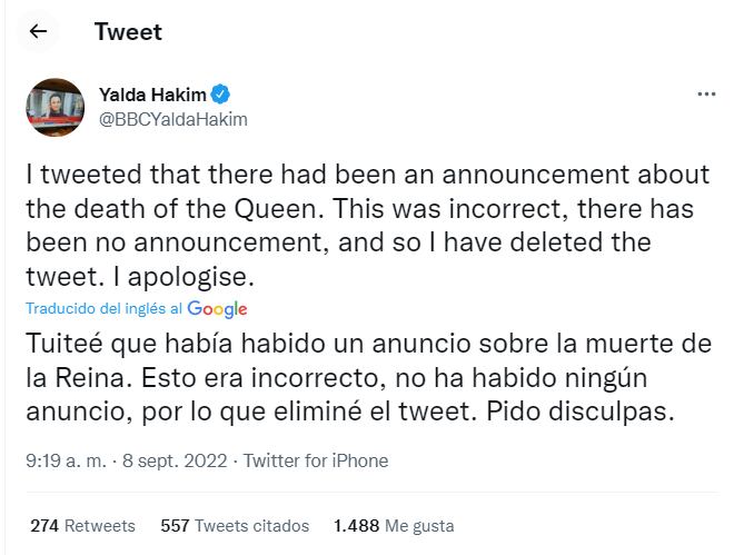 Presentadora de BBC se disculpa por anunciar erróneamente la muerte de la reina Isabel