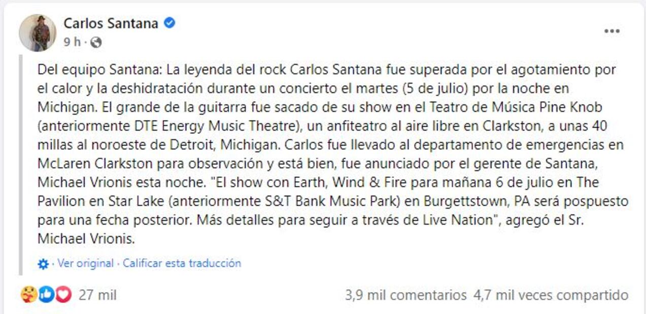 Carlos Santana se desmaya en pleno concierto