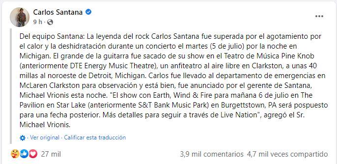 Carlos Santana se desmaya en pleno concierto
