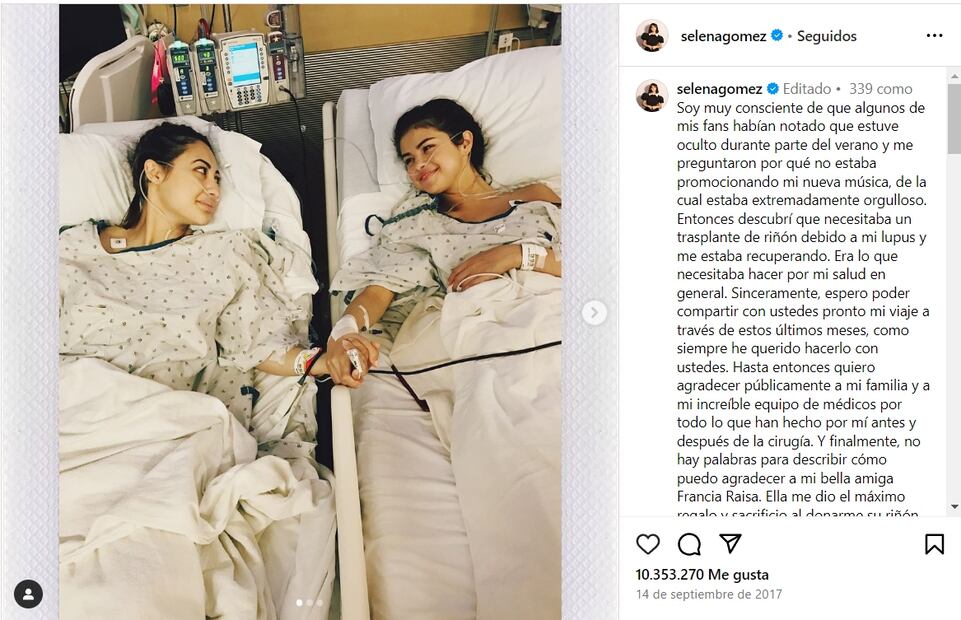 Selena Gómez, después de su trasplante de riñón/Instagram.