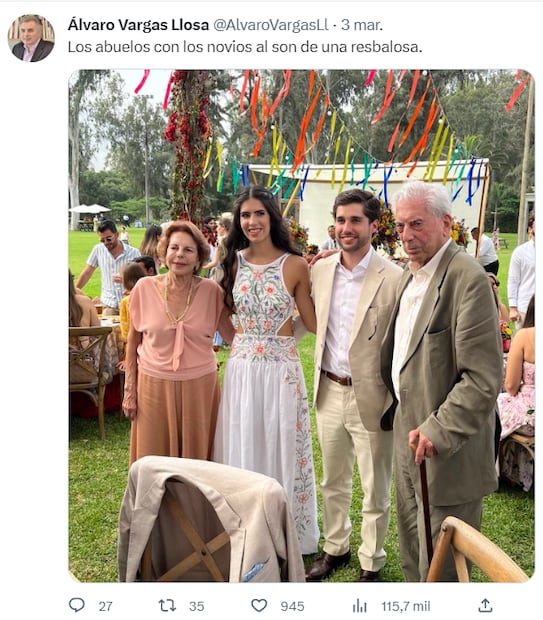 Mario Vargas Llosa y Patricia Llosa en la boda de su nieta / Foto: X