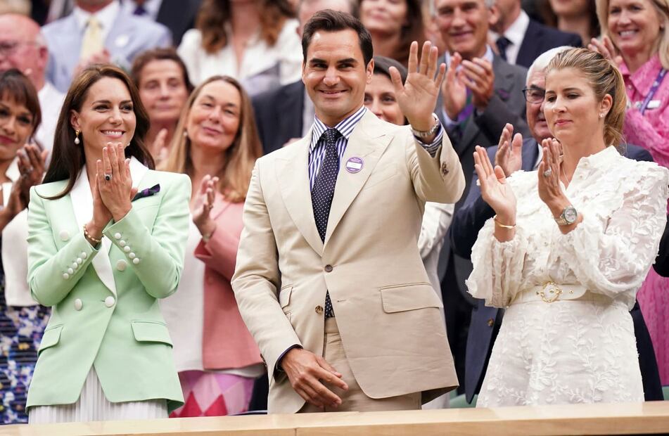 Kate Middleton, Roger Federer y su esposa Mirka en el campeonato de tenis de Wimbledon en Londres / AP