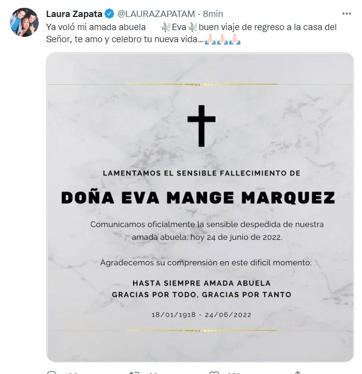 Muere doña Eva Mange, abuelita de Thalía y Laura Zapata