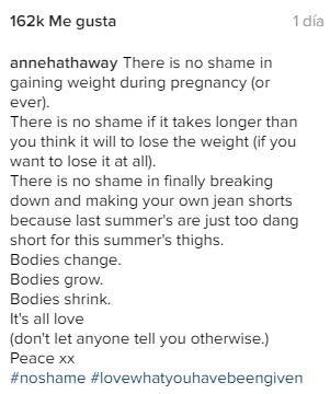 Anne Hathaway orgullosa por sus kilos de más