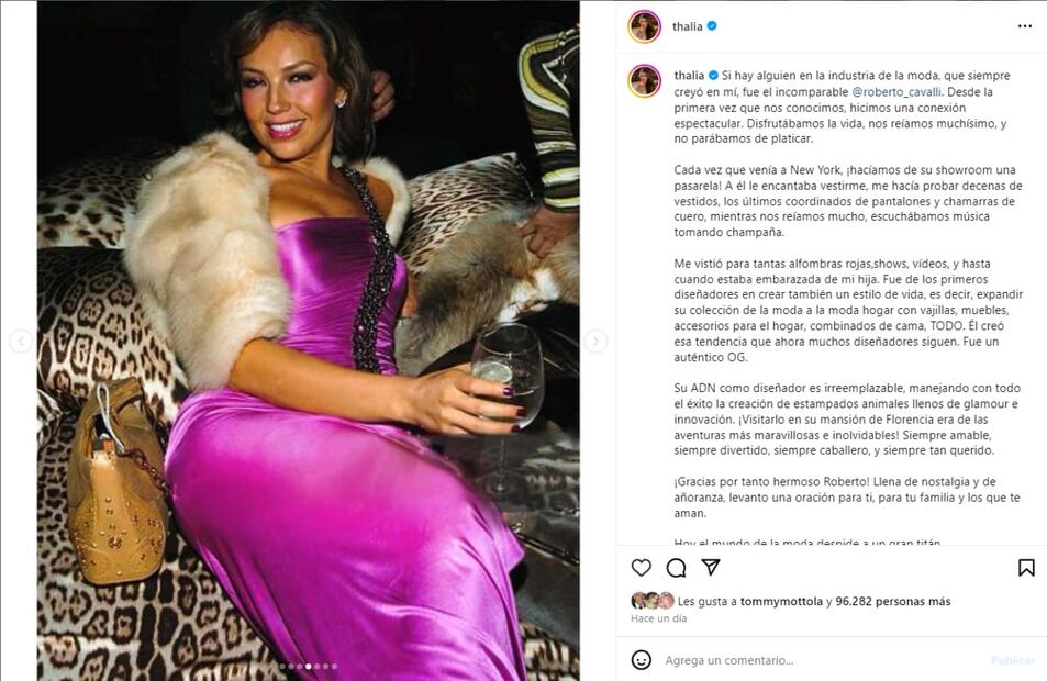 El mensaje de Thalía al diseñador Roberto Cavalli, fallecido a los 83 años / Instagram