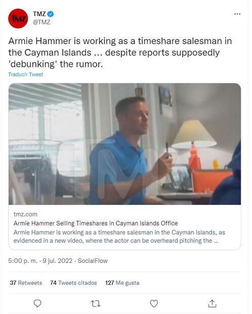 Armie Hammer, arruinado, sí vende tiempos compartidos en Islas Caimán