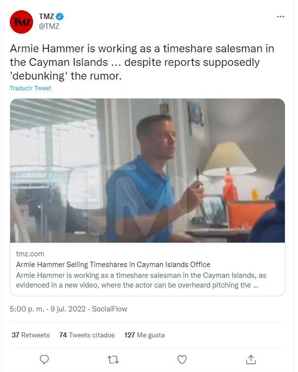 Armie Hammer, arruinado, sí vende tiempos compartidos en Islas Caimán