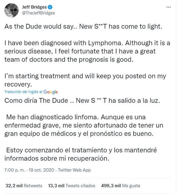Jeff Bridges anuncia que su cáncer está en remisión y revela que sufrió Covid-19