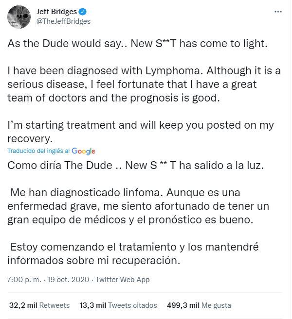 Jeff Bridges anuncia que su cáncer está en remisión y revela que sufrió Covid-19