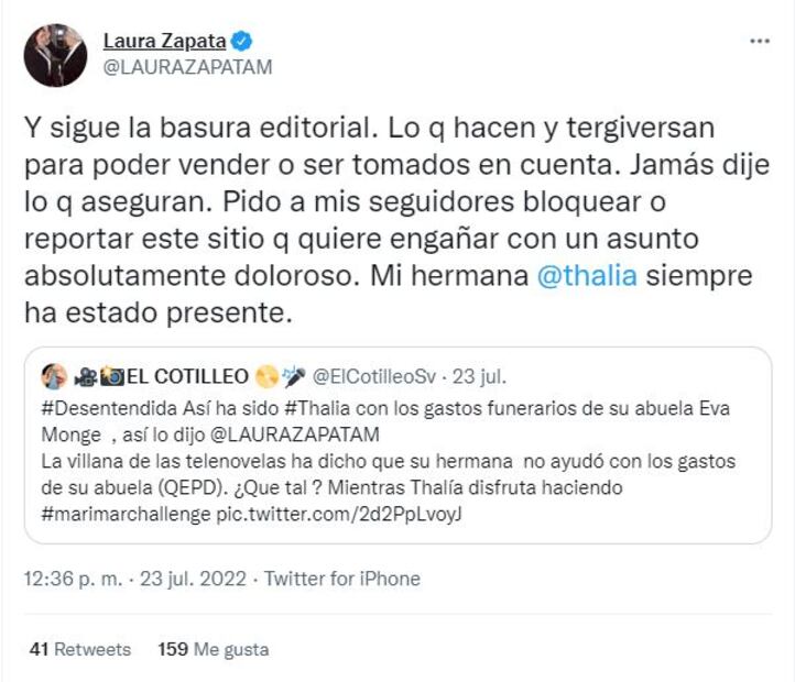 Laura Zapata se retracta por exhibir a Thalía por no pagar funeral de su abuela