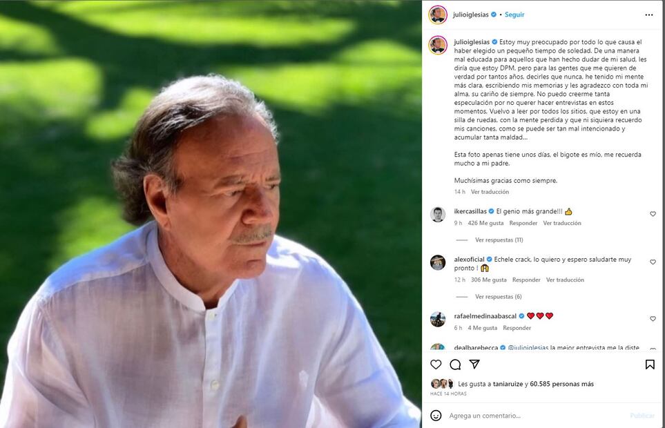 Julio Iglesias compartió un comunicado sobre su salud / Instagram