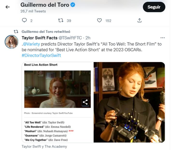 Taylor Swift admite que sería fascinante estar en la mente de Guillermo del Toro por un día