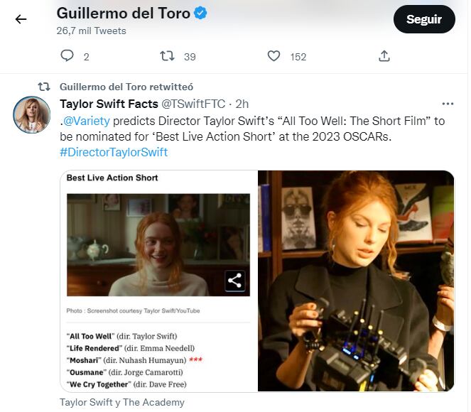 Taylor Swift admite que sería fascinante estar en la mente de Guillermo del Toro por un día