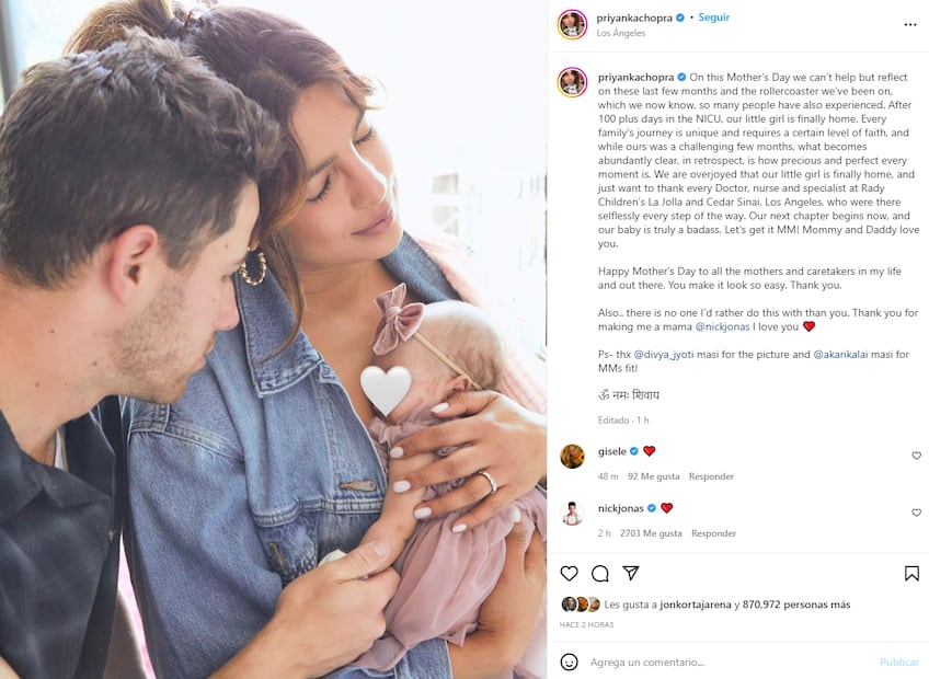 Priyanka Chopra y Nick Jonas presentan a su hija Malti Marie en el marco del Día de las Madres