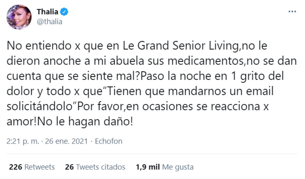 Eva Mange, abuelita de Thalía y Laura Zapata, abandona el hospital