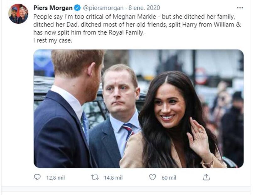 Piers Morgan ataca sin piedad a Meghan Markle: "la entrevista fue la actuación de su vida"