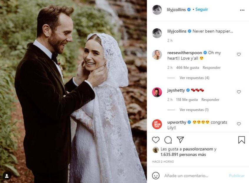 Lily Collins se casó con Charlie McDowell y usó un vestido de novia de cuento de hadas