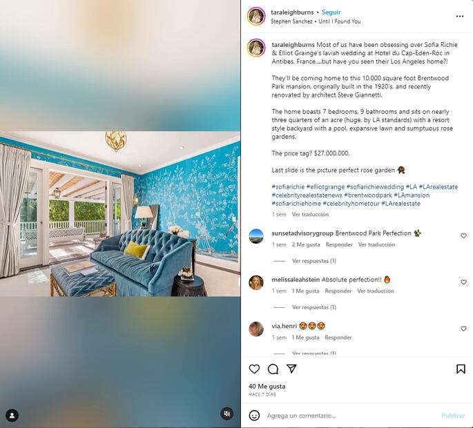 Parte de la sala de la mansión de Sofía Richie y Elliot Grainge / Instagram