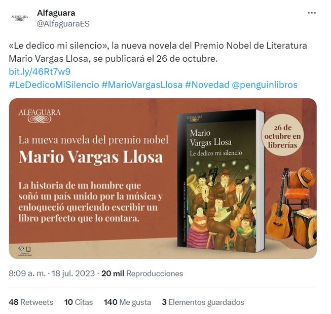 Portada del nuevo libro de Mario Vargas Llosa / Twitter