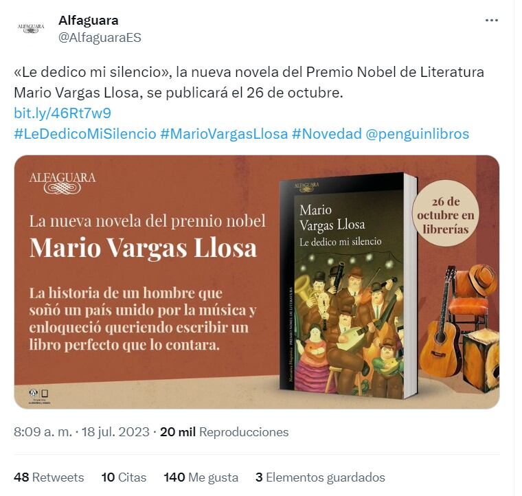 Portada del nuevo libro de Mario Vargas Llosa / Twitter