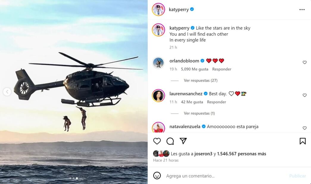 El salto en helicóptero de Katy Perry y Orlando Bloom / Foto: Instagram