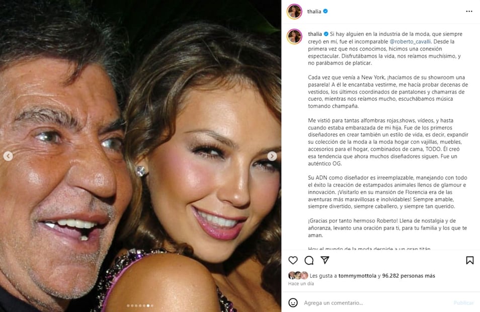 El mensaje de Thalía al diseñador Roberto Cavalli, fallecido a los 83 años / Instagram