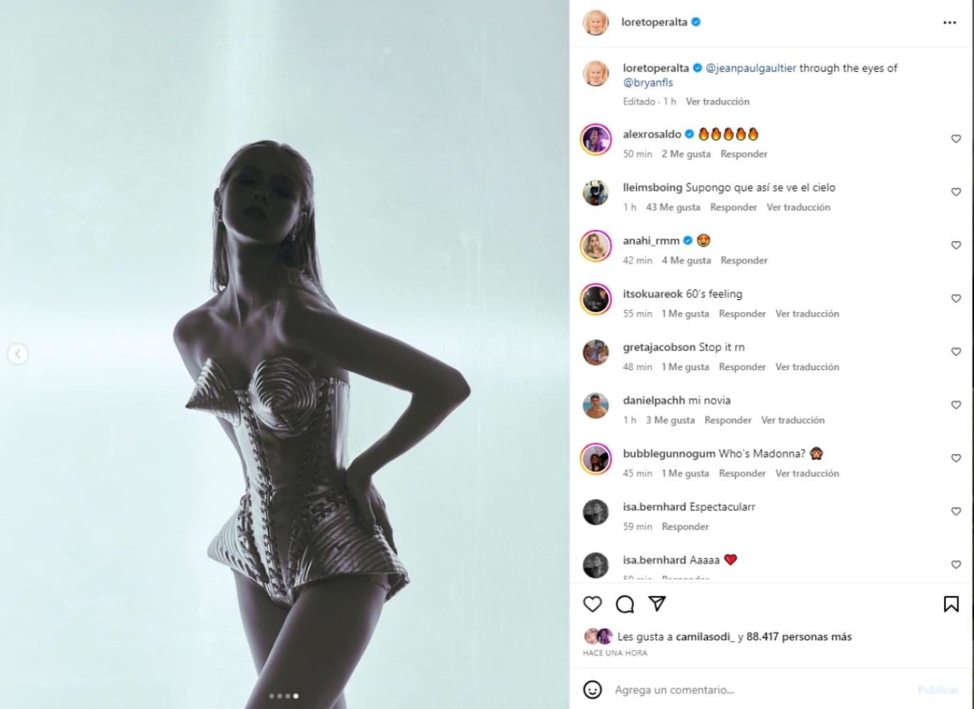 Loreto Peralta modelando para Jean Paul Gaultier / Instagram: @loretoperalta