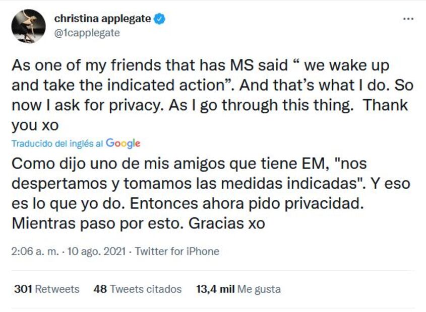 Christina Applegate revela que padece esclerosis múltiple
