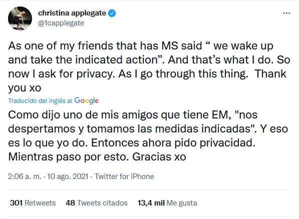 Christina Applegate revela que padece esclerosis múltiple