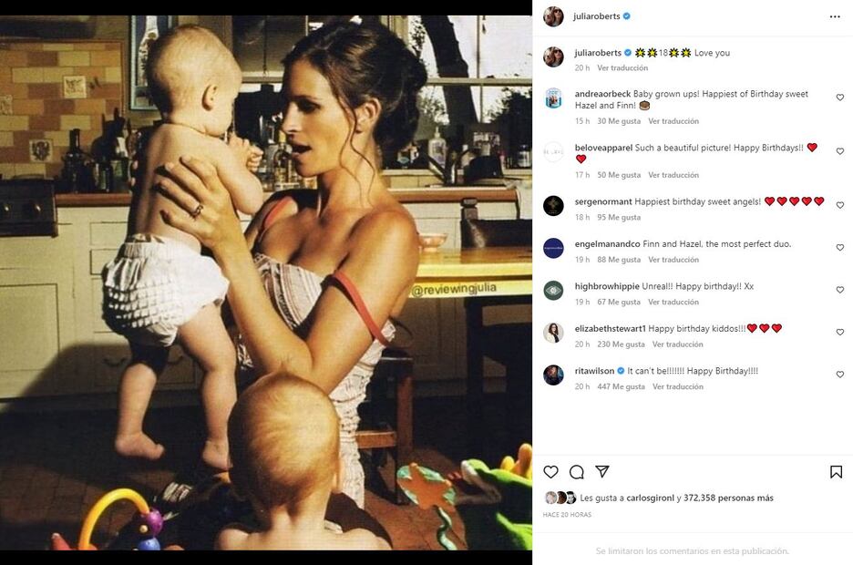 Julia Roberts felicita a sus mellizos por sus 18 años con dulce foto 