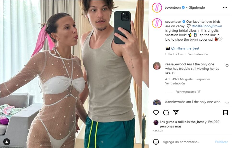 Millie Bobby Brown supersexy con vestido de novia de red y bañador